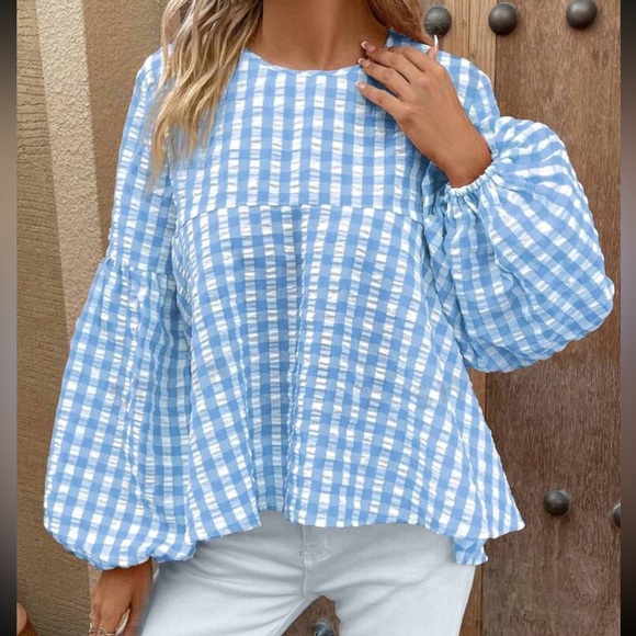 Boho Gingham Peplum Top Blouse Shirt Pink White - Picture 10 of 11